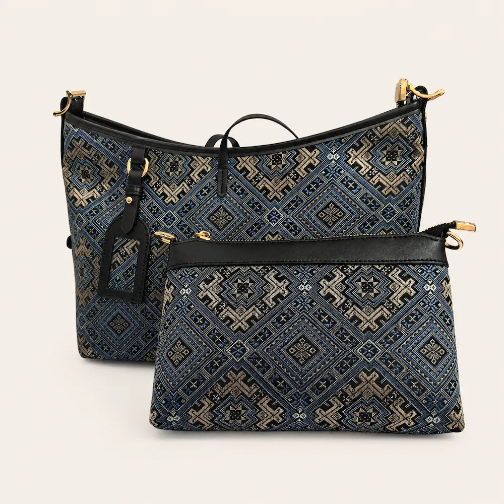 Chinese Brocade Tote Bag – Blossom & Swallow with Detachable Pouch — full product view