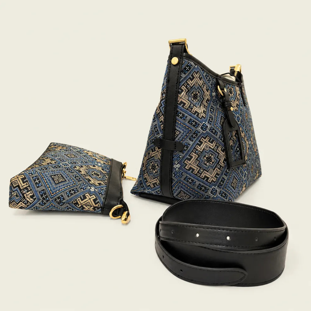 Chinese Brocade Tote Bag – Blossom & Swallow with Detachable Pouch — styling and carrying view
