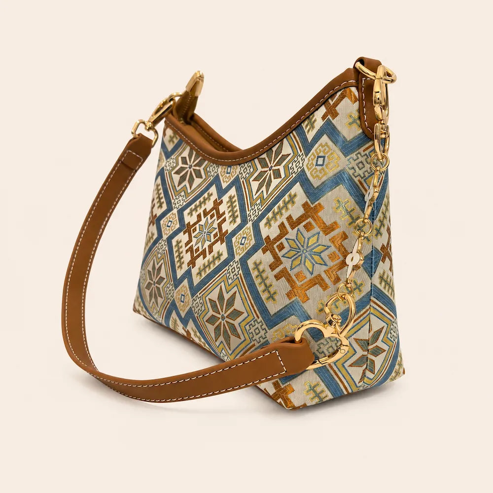 Chinese Heritage Crossbody Bag – Four Swallows & Blossom — styling and carrying view
