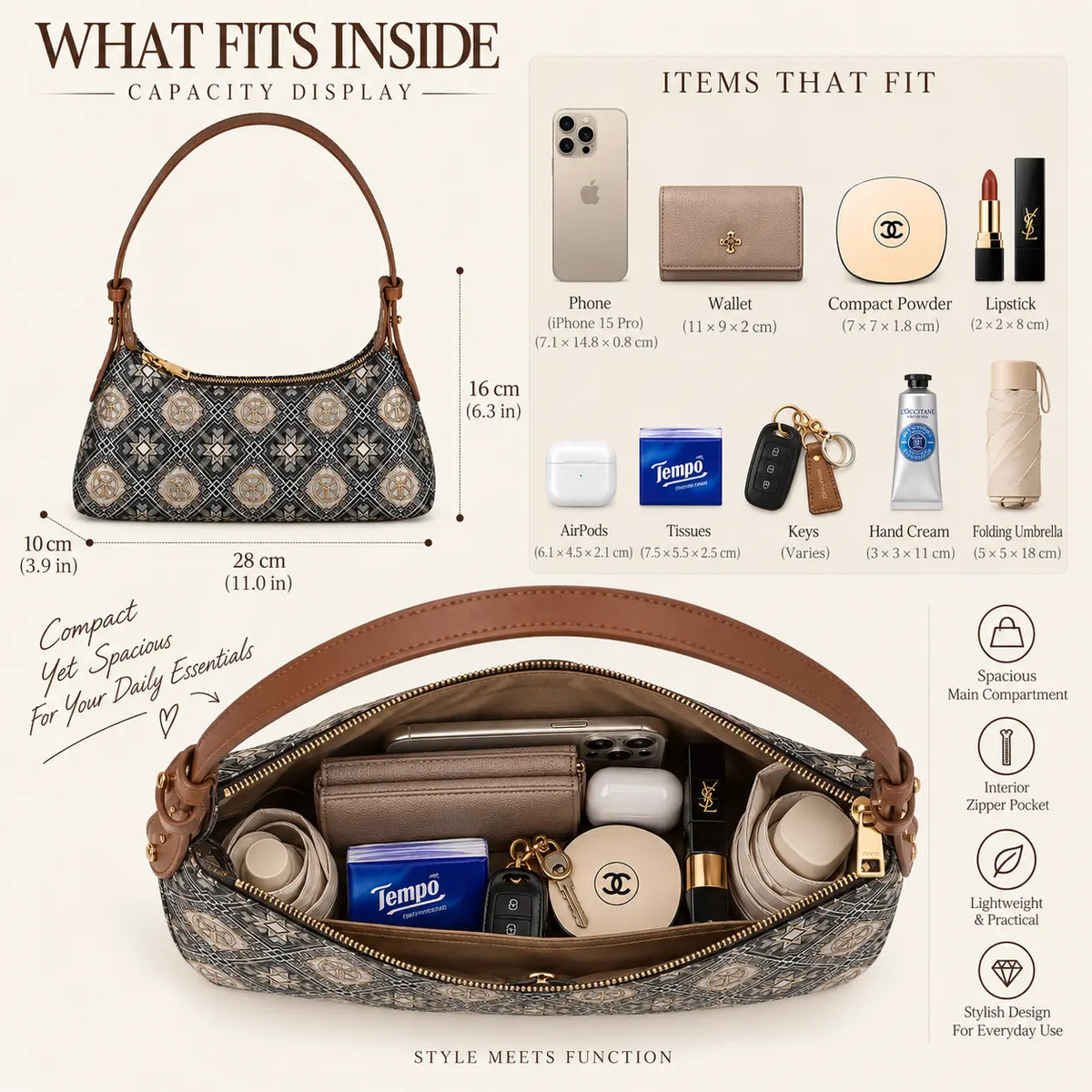 Chinese Brocade Baguette Bag – Liujia Bird and Sun capacity guide with interior view and everyday items